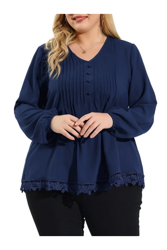 Women's Plus Size Solid Pleated V Neck Lace Casual Blouse