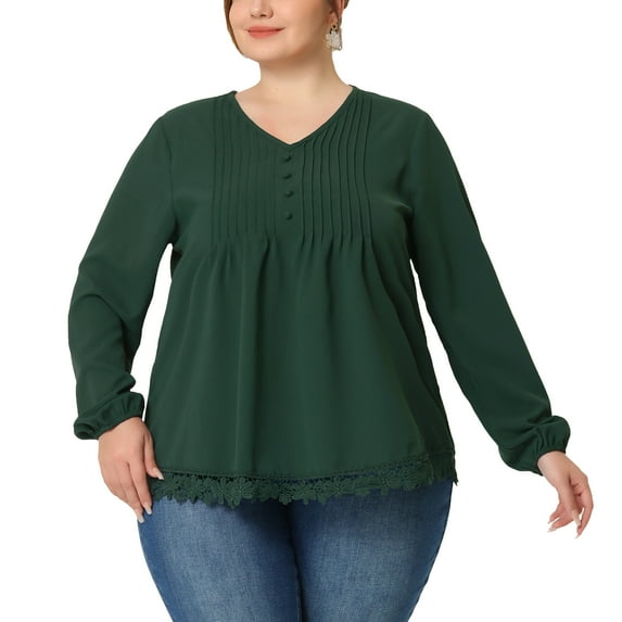 Unique Bargains Women's Plus Size Solid Pleated V Neck Lace Casual Blouse
