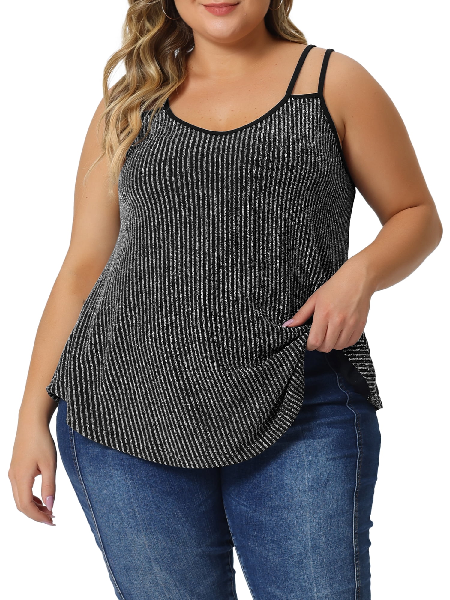 Unique Bargains Women's Plus Size Sparkle Silvery Sleeveless Spaghetti Strap Tank Tops 1X Silver