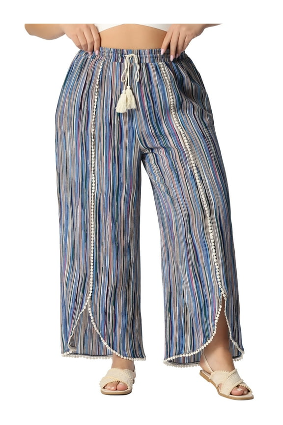 Women's Plus Size Split Elastic Waist Flowy Striped Wide Leg Pants