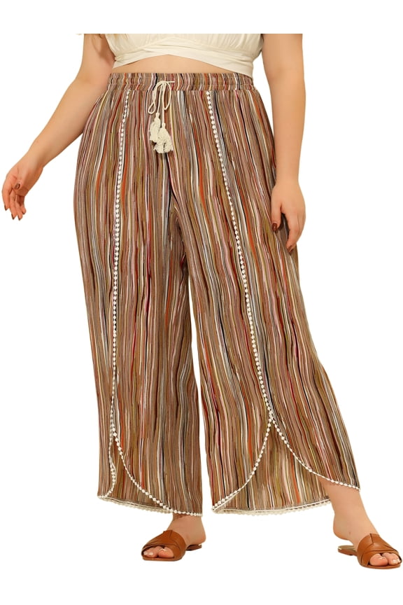 Women's Plus Size Elastic Waist Flowy Striped Wide Leg Pant 2X Brown