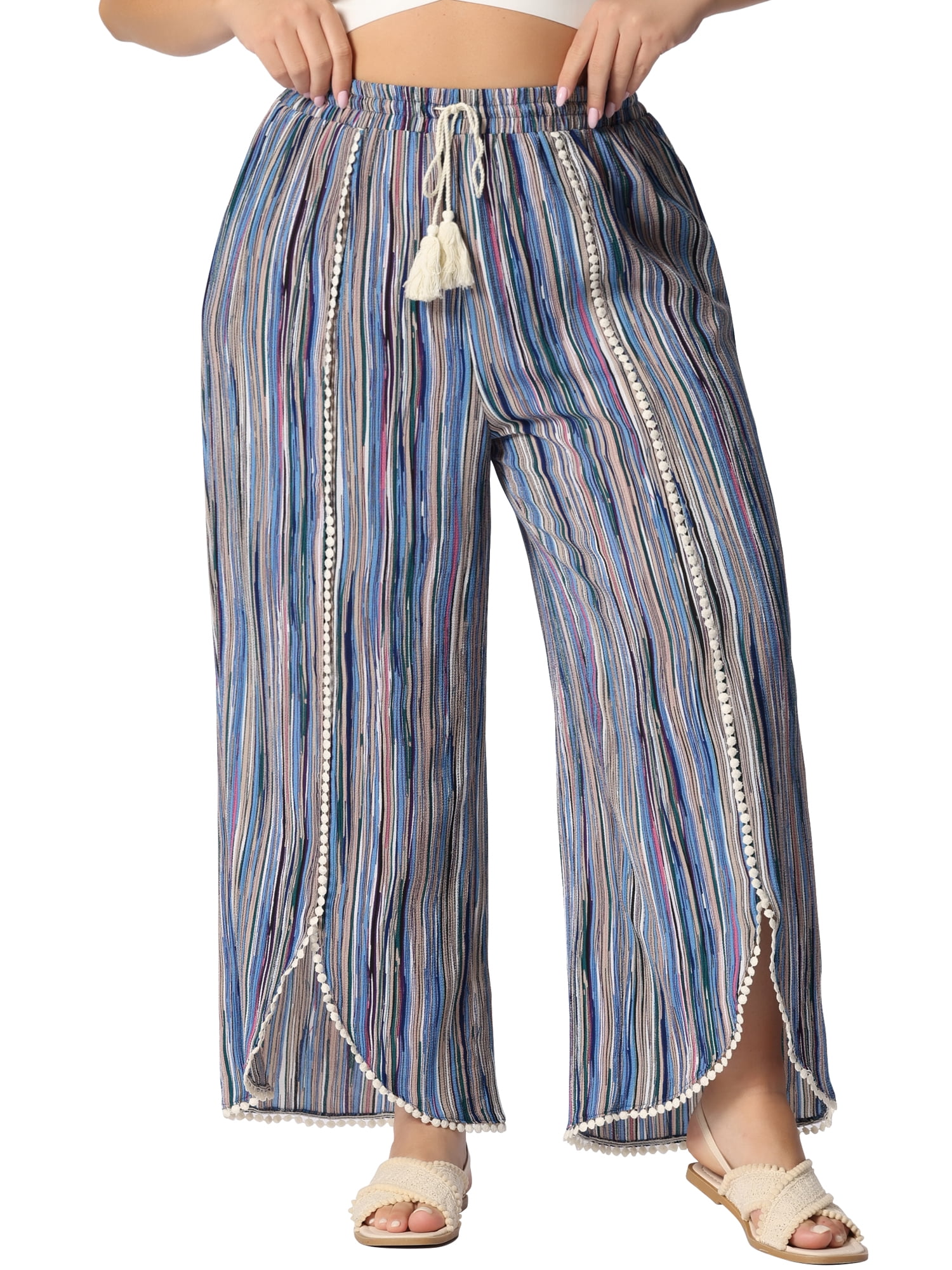 DARING DIVA Women's Plus Size Elastic Waist Flowy Striped Wide Leg Pant 3X Blue