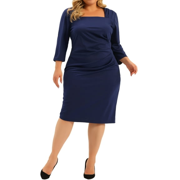 Unique Bargains Women's Plus Size Square Neck Pleated Front Sheath Dresses 1X Royal Blue