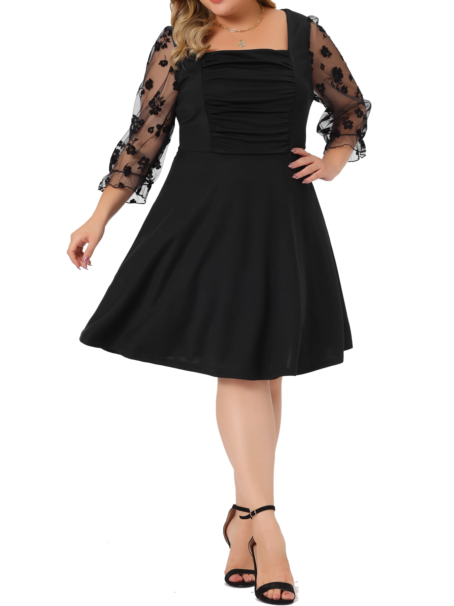 DARING DIVA Plus Women's Size Square Neck Floral Mesh Long Sleeves Dress 2X Black