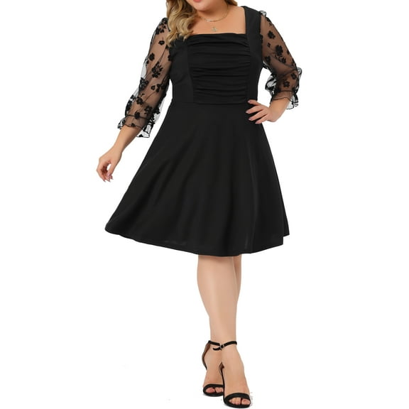 DARING DIVA Plus Size Square Neck Sheer Ruffle Flowy A-Line Midi Dress 2X Black