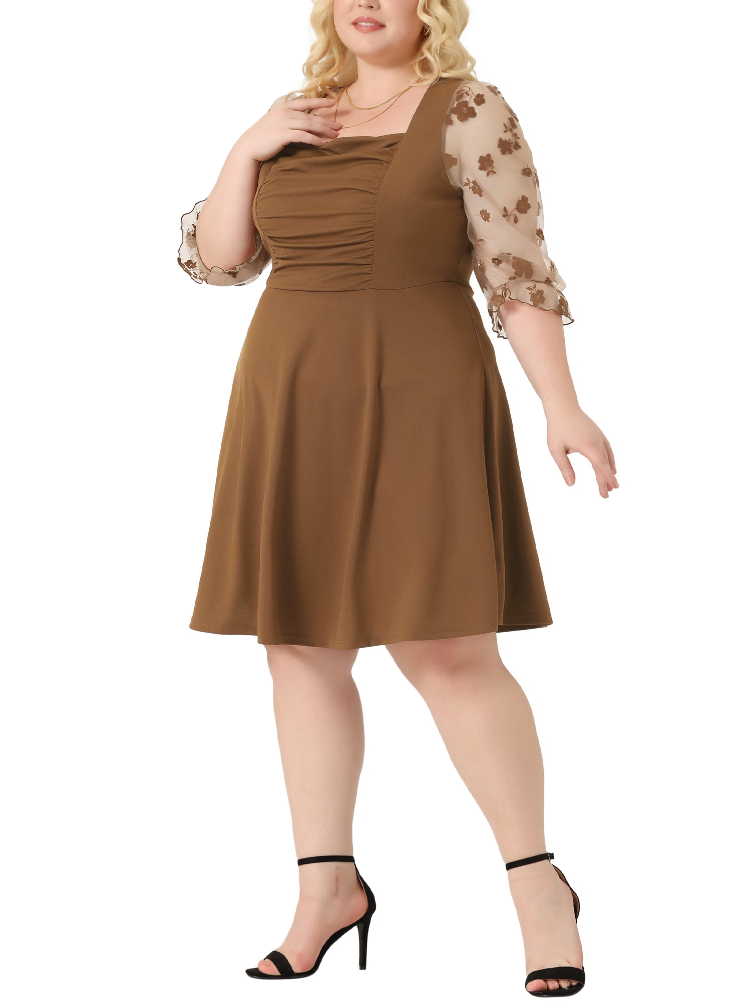 DARING DIVA Plus Size Square Neck Sheer Ruffle Flowy A-Line Midi Dress 4X Brown