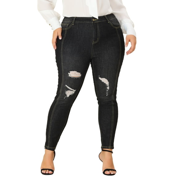 DARING DIVA Women's Plus Washed Mid-Rise Skinny Jeans Denim Pant 4X Black-Ripped