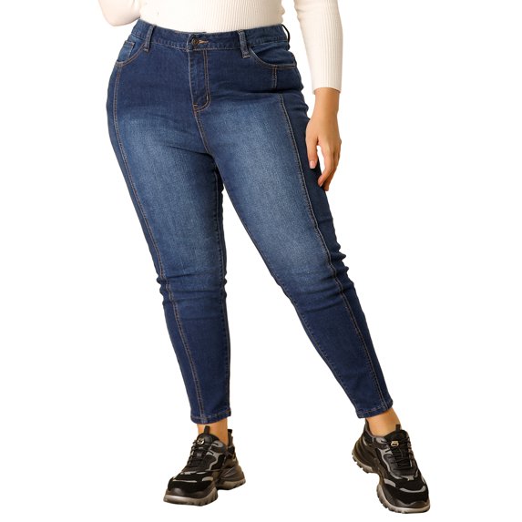 Unique Bargains Women's Plus Size Stretch Washed Mid Rise Skinny Jeans