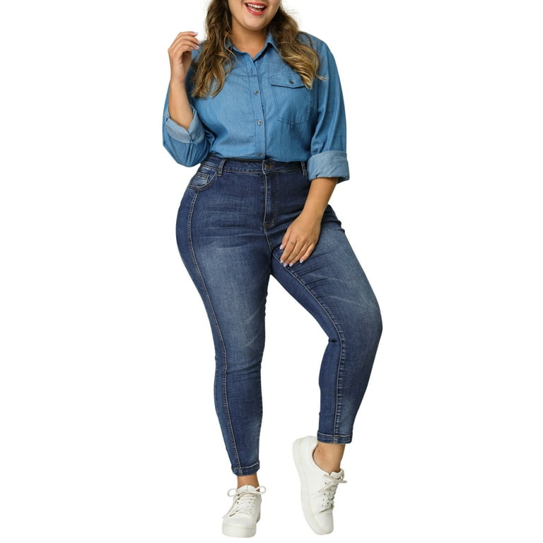 Unique Bargains Women's Plus Size Stretch Washed Mid Rise Skinny Jeans