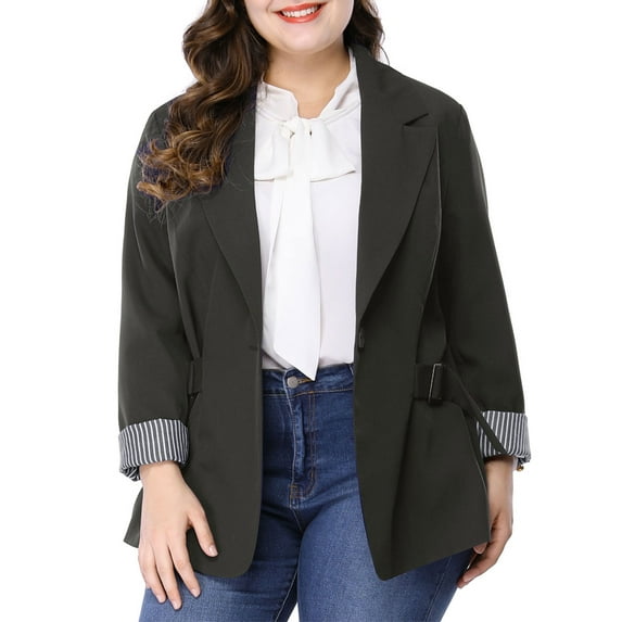 Unique Bargains Women's Plus Size Stripe Cuff Notched Lapel Casual Blazer