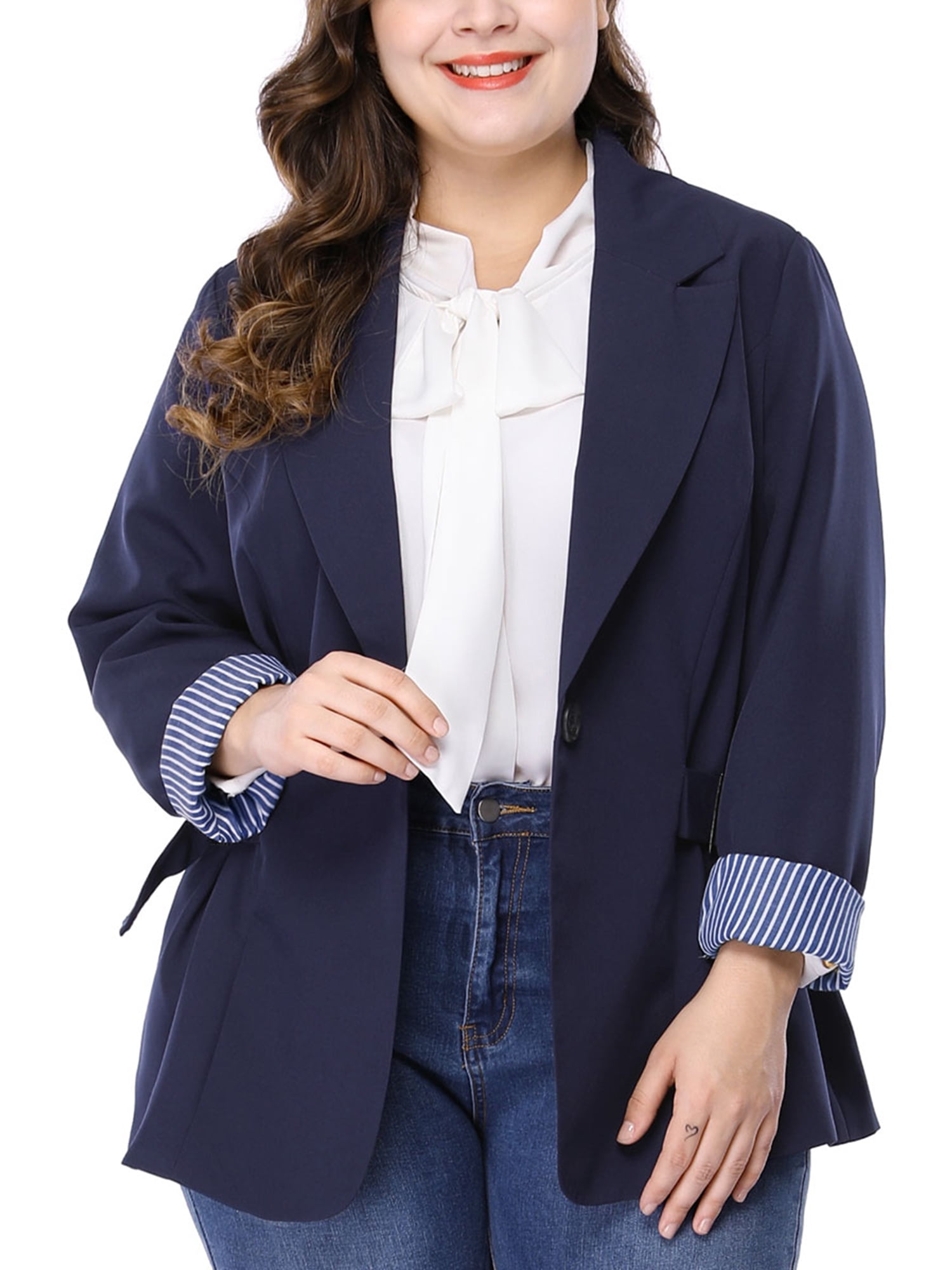 Unique Bargains Women's Plus Size Stripe Cuff Notched Lapel Casual Blazer