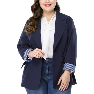 Unique Bargains Women's Plus Size Stripe Cuff Notched Lapel Casual Blazer