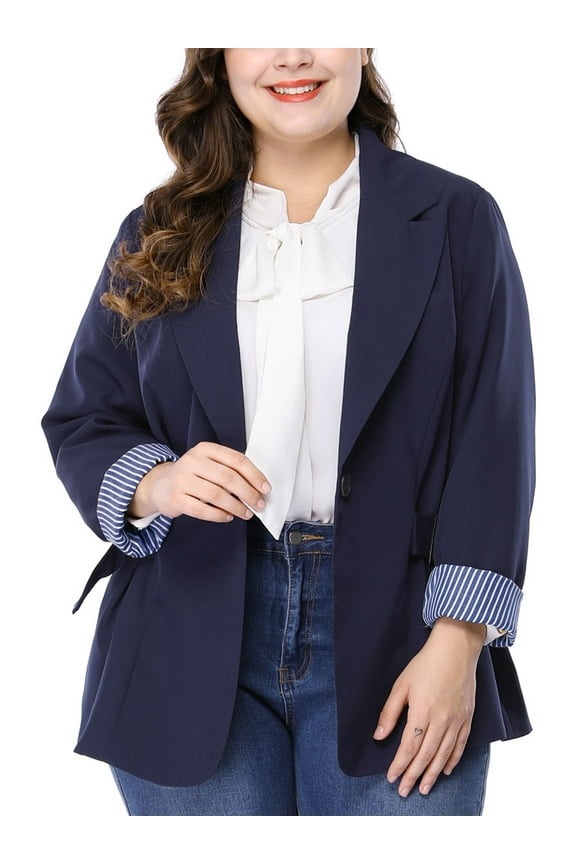 Women's Plus Size Stripe Cuff Notched Lapel Casual Blazer