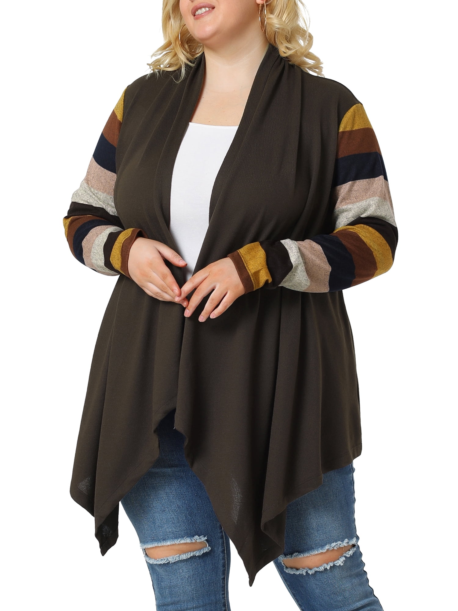 DARING DIVA Plus Size Striped Open Front Knit Cardigan Sweaters Shrugs 4X Dark Coffee