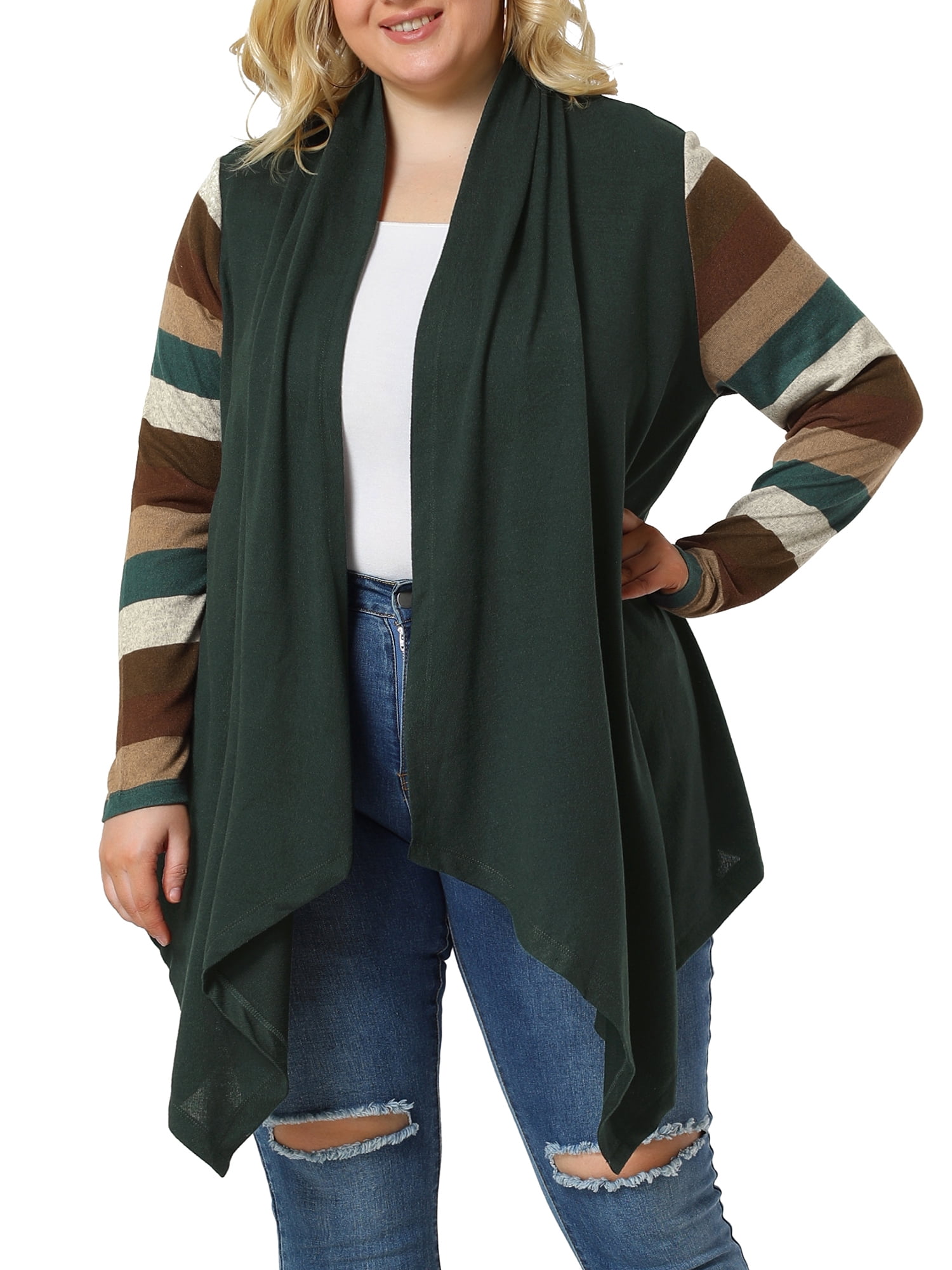 DARING DIVA Plus Size Striped Open Front Knit Cardigan Sweaters Shrugs 4X Dark Green