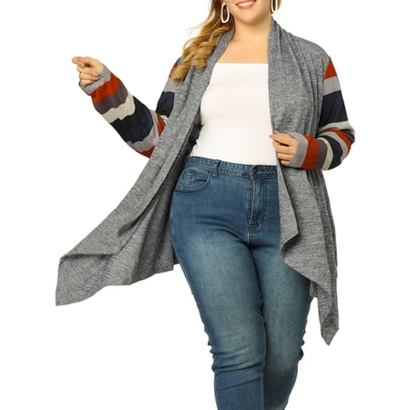 DARING DIVA Plus Size Striped Open Front Knit Cardigan Sweaters Shrugs 2X Gray