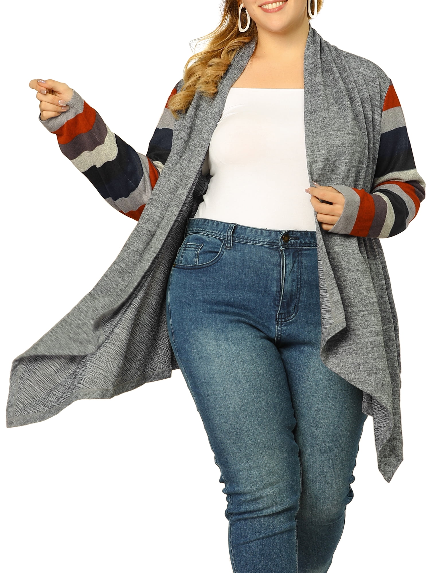 DARING DIVA Plus Size Striped Open Front Knit Cardigan Sweaters Shrugs 4X Gray