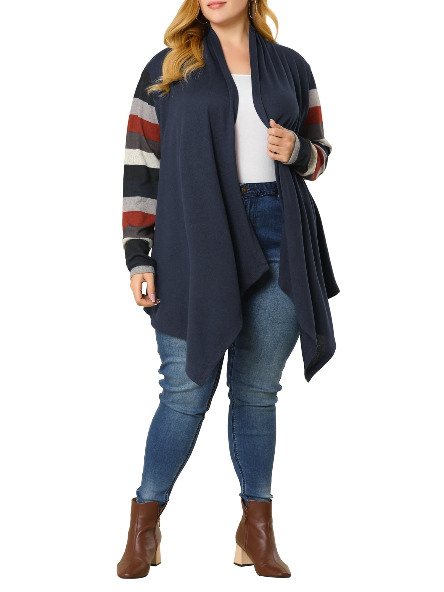 DARING DIVA Plus Size Striped Open Front Knit Cardigan Sweaters Shrugs 2X Navy Blue