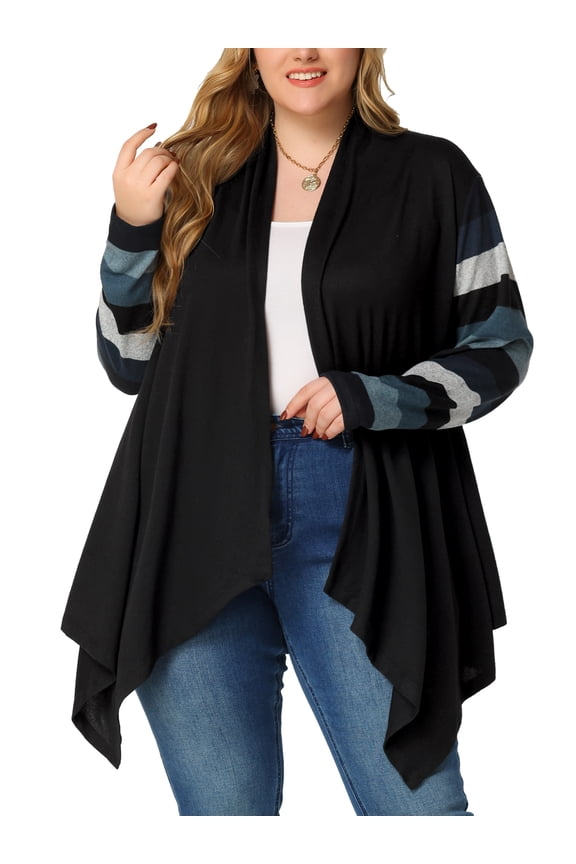 Plus Size Striped Open Front Knit Cardigan Sweaters Shrugs 1X Black