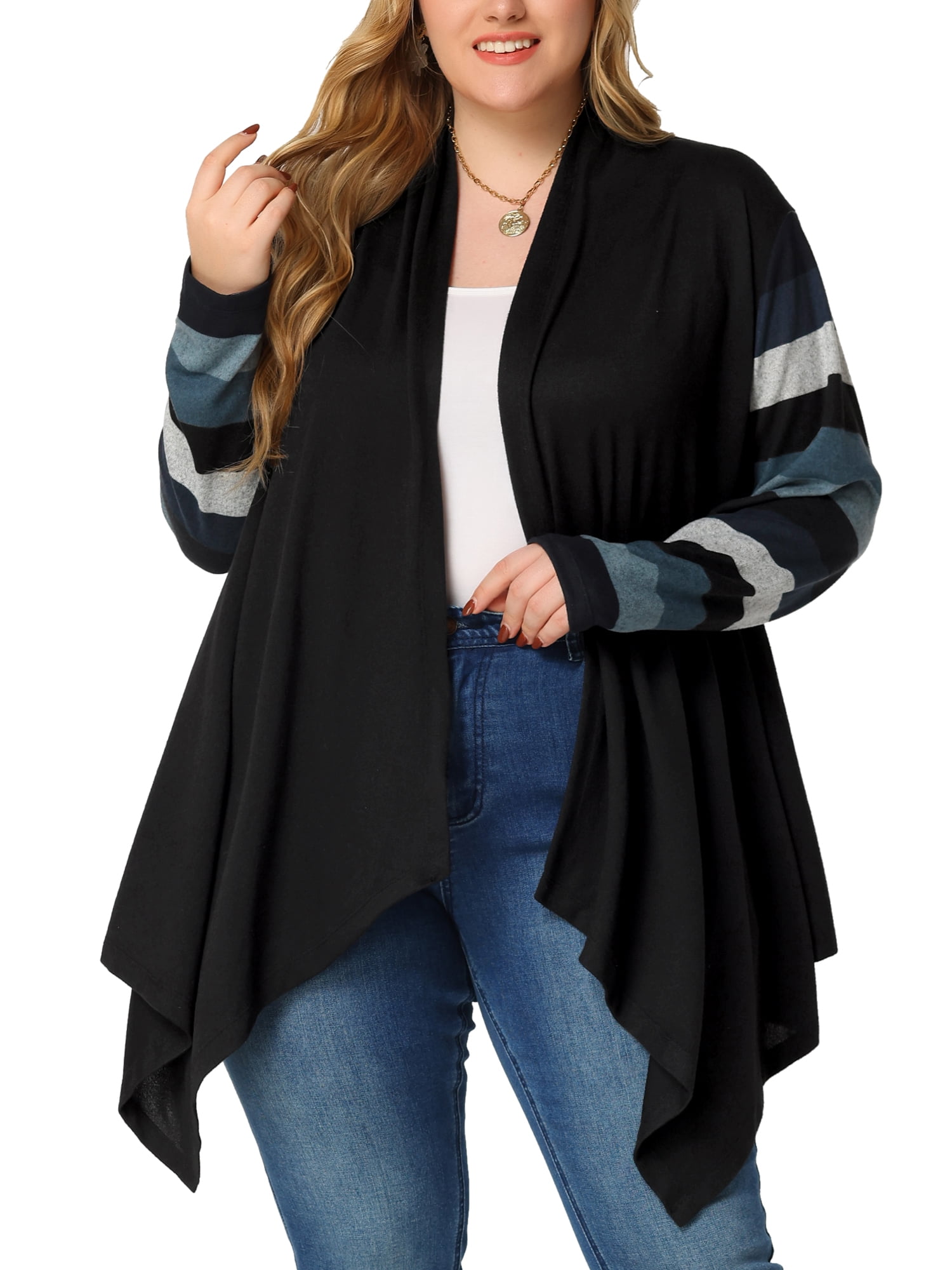 DARING DIVA Plus Size Striped Open Front Knit Cardigan Sweaters Shrugs 2X Black