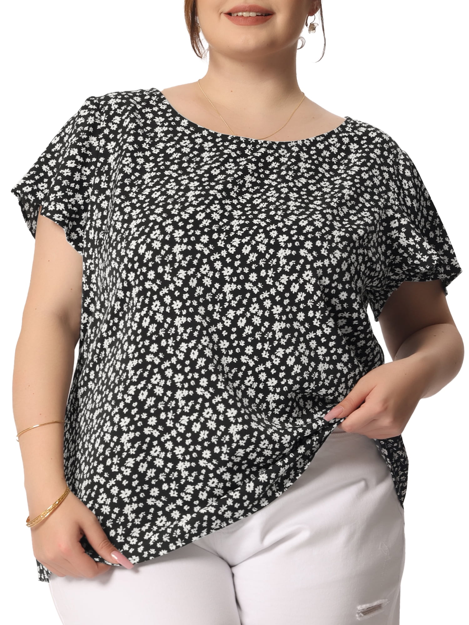 Plus Size Flower Round Neck Long Sleeve Blouse main image 1