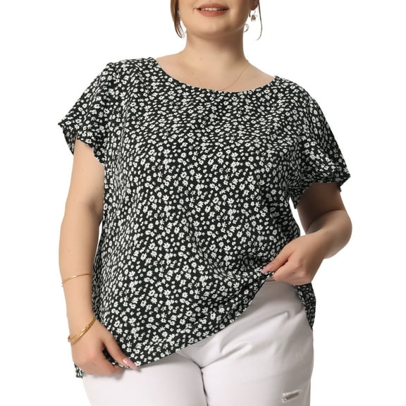 Unique Bargains Women's Plus Size Summer Floral Flutter Sleeve Round Neck Peplum Blouse
