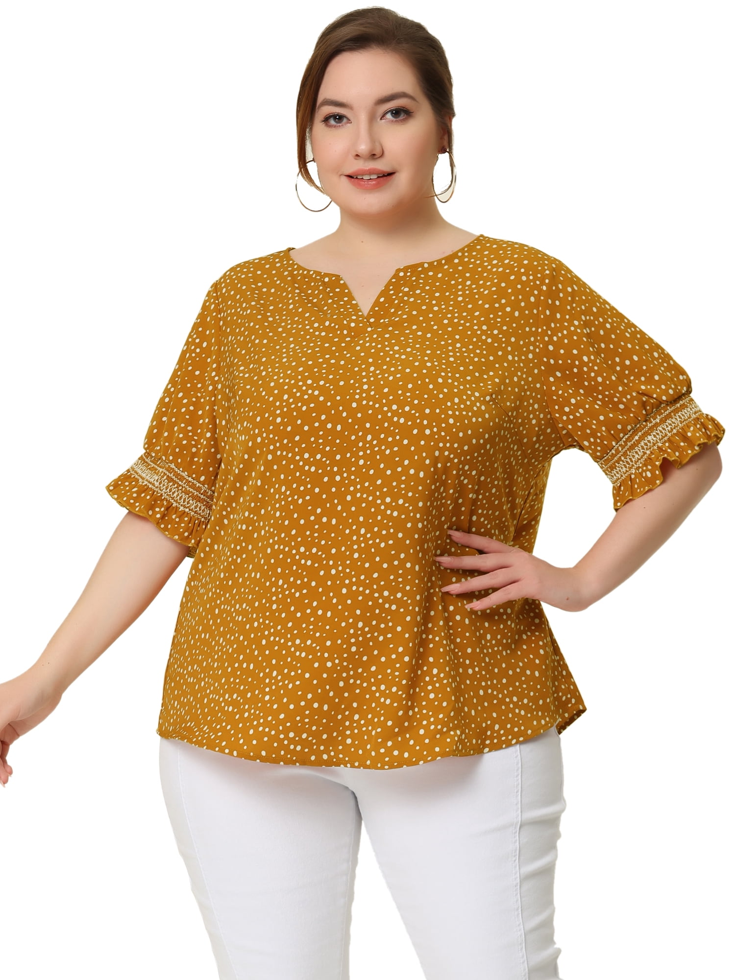 Unique Bargains Women's Plus Size Dots Heart Smocked Short Sleeve Blouse 3X Yellow