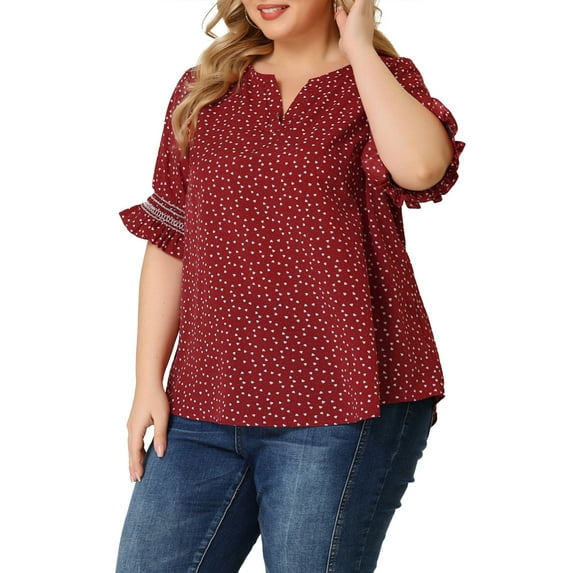 Unique Bargains Women's Plus Size Summer Outfits Pin Dots Floral Fashion Blouses