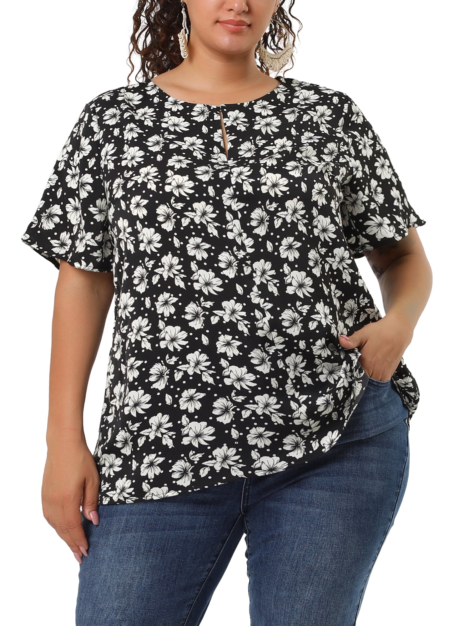 Unique Bargains Women's Plus Size Summer Ruffle Short Sleeve Tops Chiffon Floral Blouse 1X Black