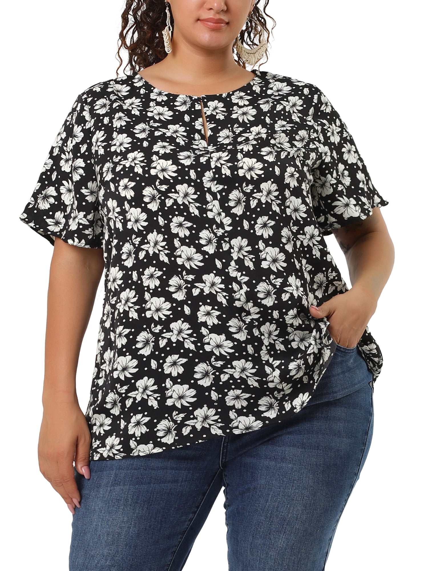 Unique Bargains Women's Plus Size Summer Ruffle Short Sleeve Tops Chiffon  Floral Blouse 3X Black 