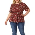 thumbnail image 1 of Unique Bargains Women's Plus Size Summer Ruffle Short Sleeve Tops Chiffon Floral Blouse 3X Burgundy, 1 of 7