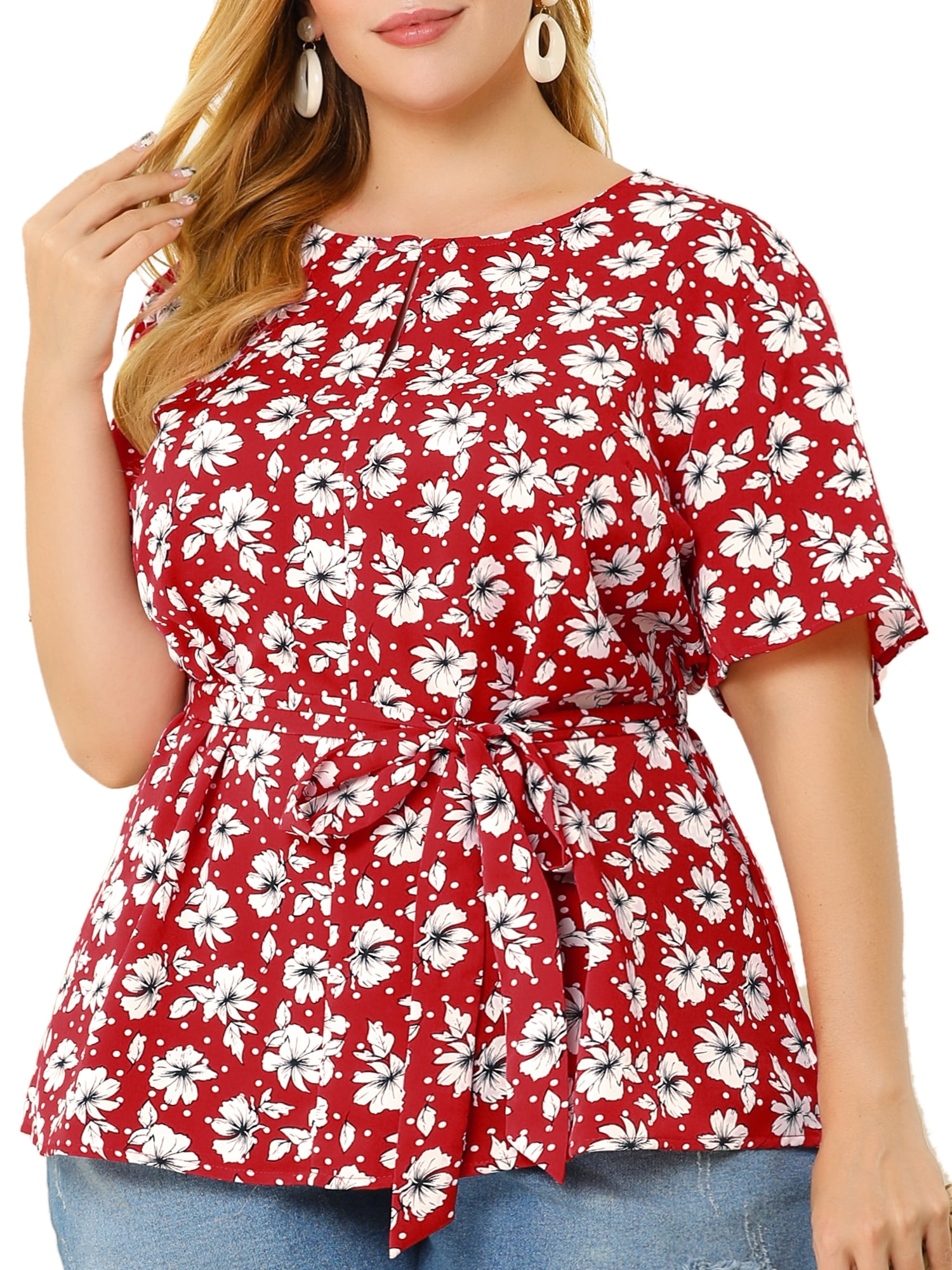 Unique Bargains Women's Plus Size Summer Ruffle Short Sleeve Tops Chiffon  Floral Blouse 