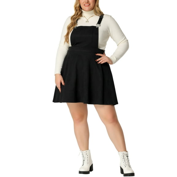 Unique Bargains Women's Plus Size Suspender Skirt Pleat A-Line Mini Flared Overall Dress 1X Black
