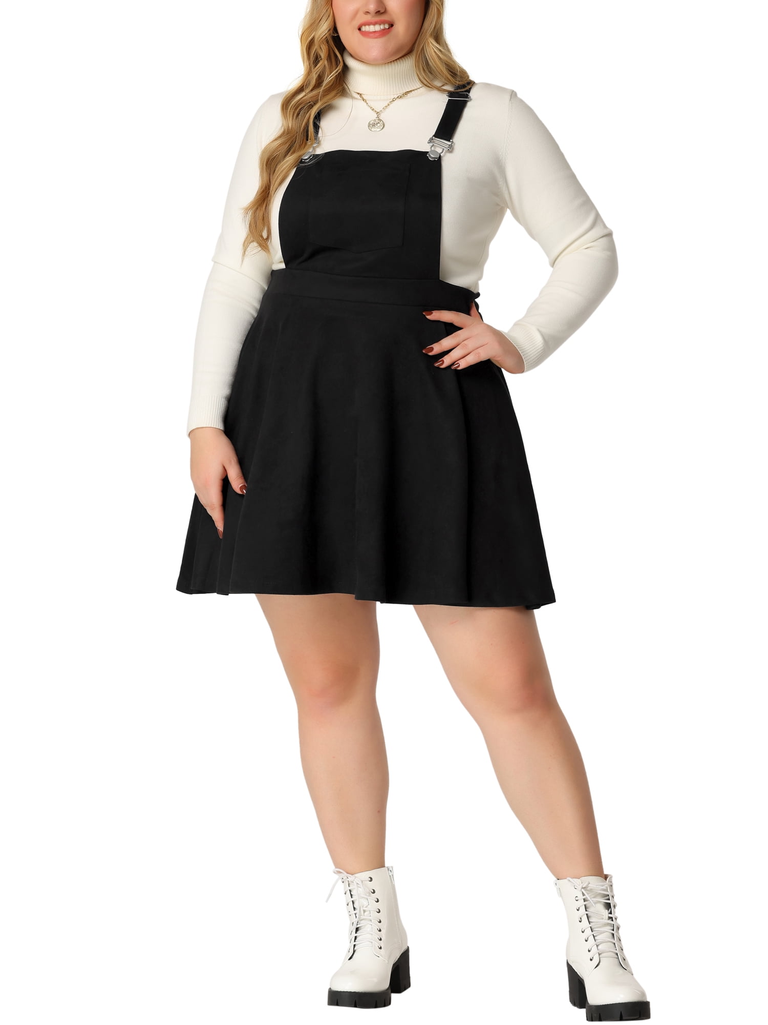 Unique Bargains Women s Plus Size Suspender Skirt Pleat A Line Mini Flared Overall Dress 2X Black