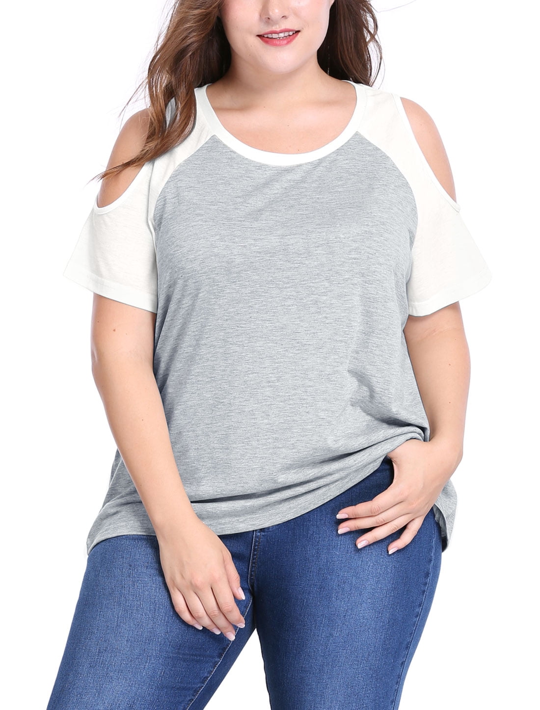 Unique Bargains Women's Plus Size T-shirt Raglan Short Sleeves Cold Shoulder Tee 2X Gray
