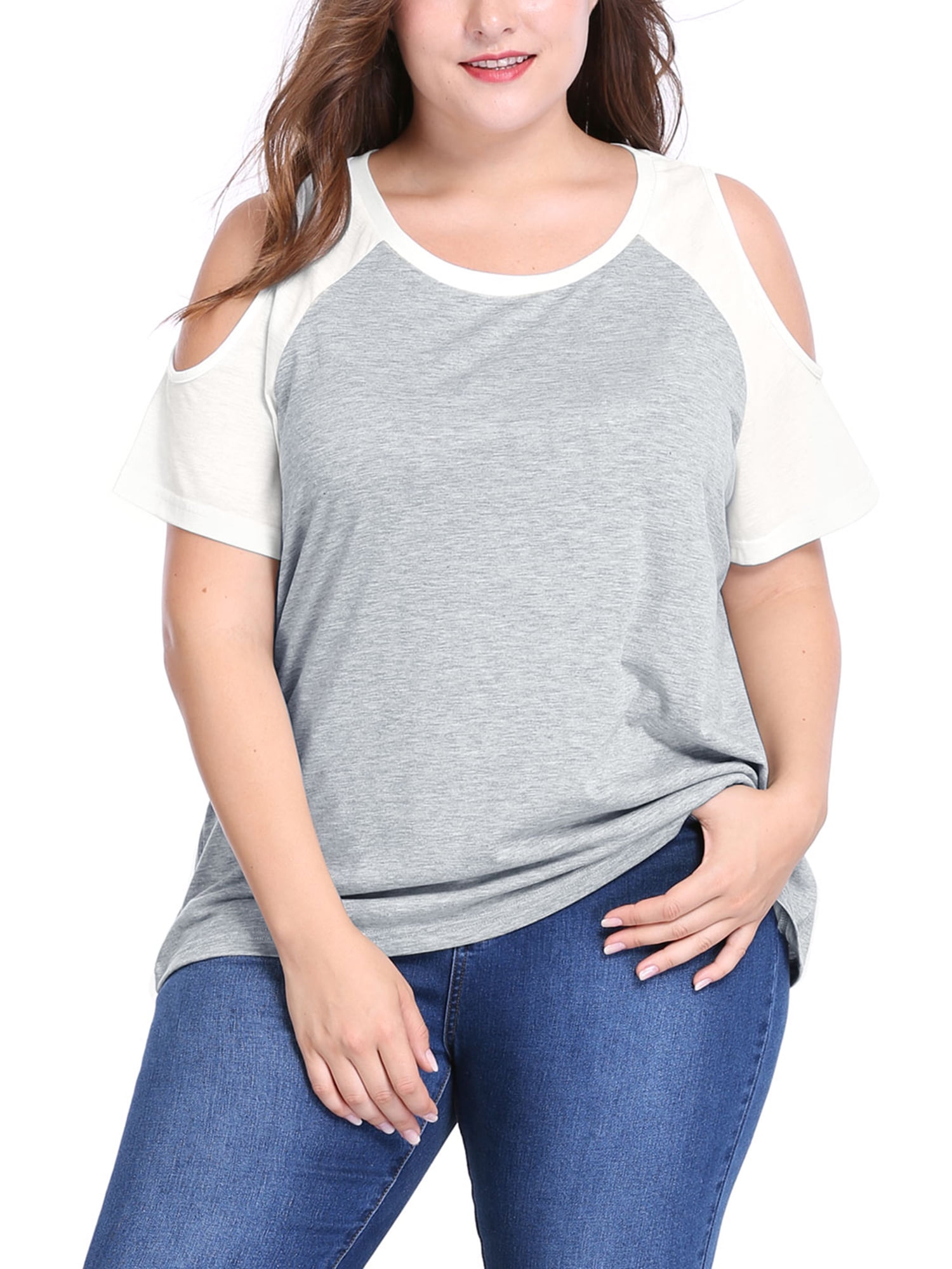 Unique Bargains Women's Plus Size T-shirt Raglan Short Sleeves Cold Shoulder Tee 4X Gray