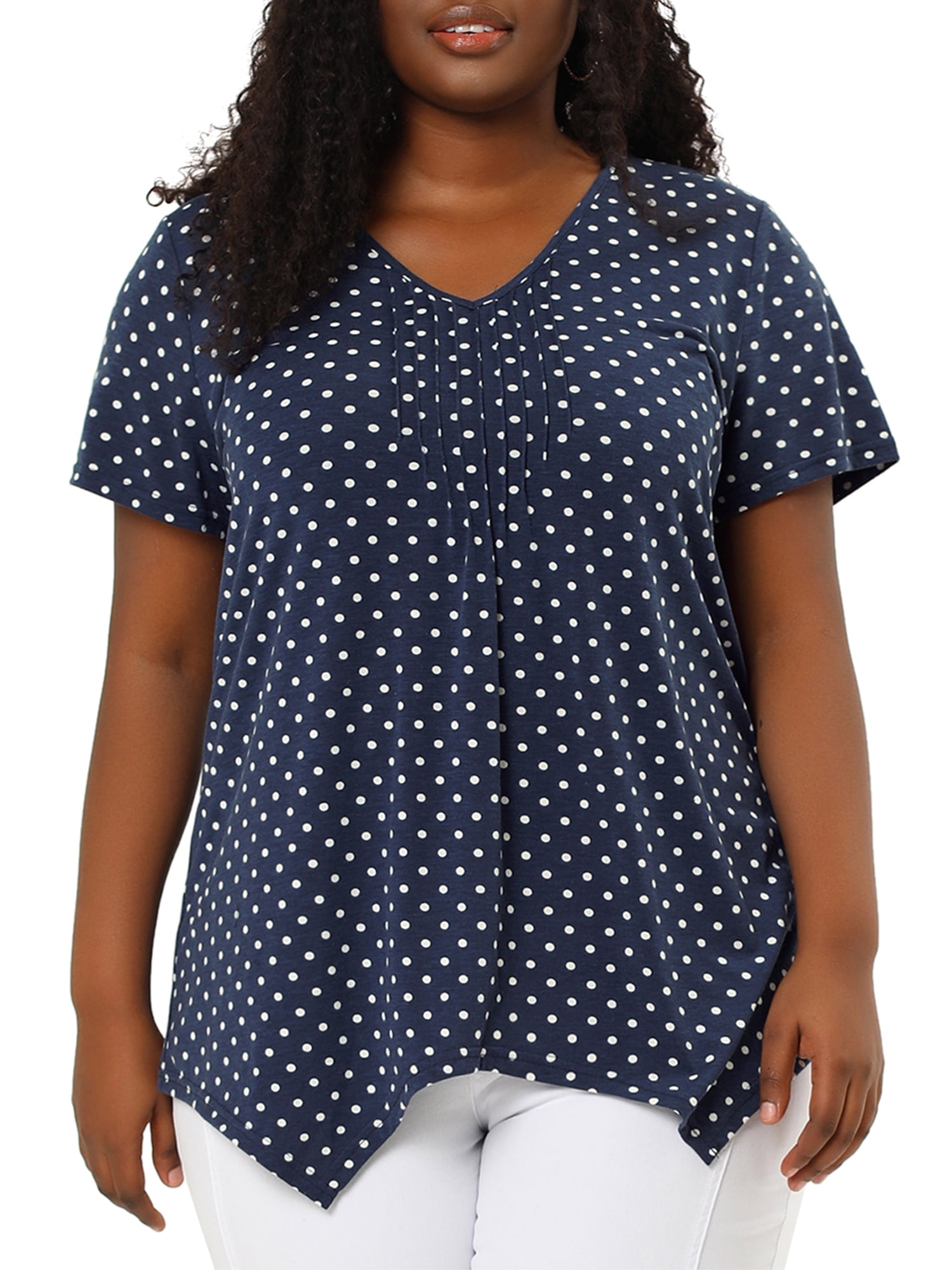 Unique Bargains Women's Plus Size V Neck Pintuck Short Sleeve Polka Dots Top 2X Blue