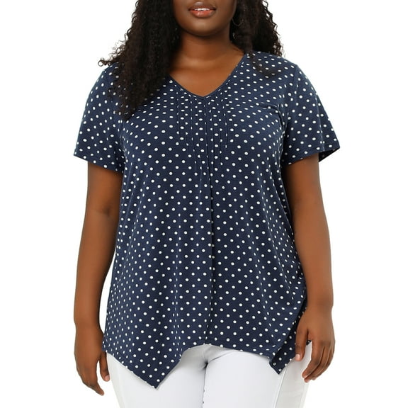 DARING DIVA Women's Plus V Neck Pintuck Short Sleeve Polka Dots Top 3X Blue