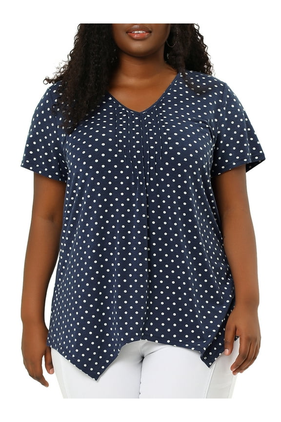 Women's Plus V Neck Pintuck Short Sleeve Polka Dots Top 3X Blue