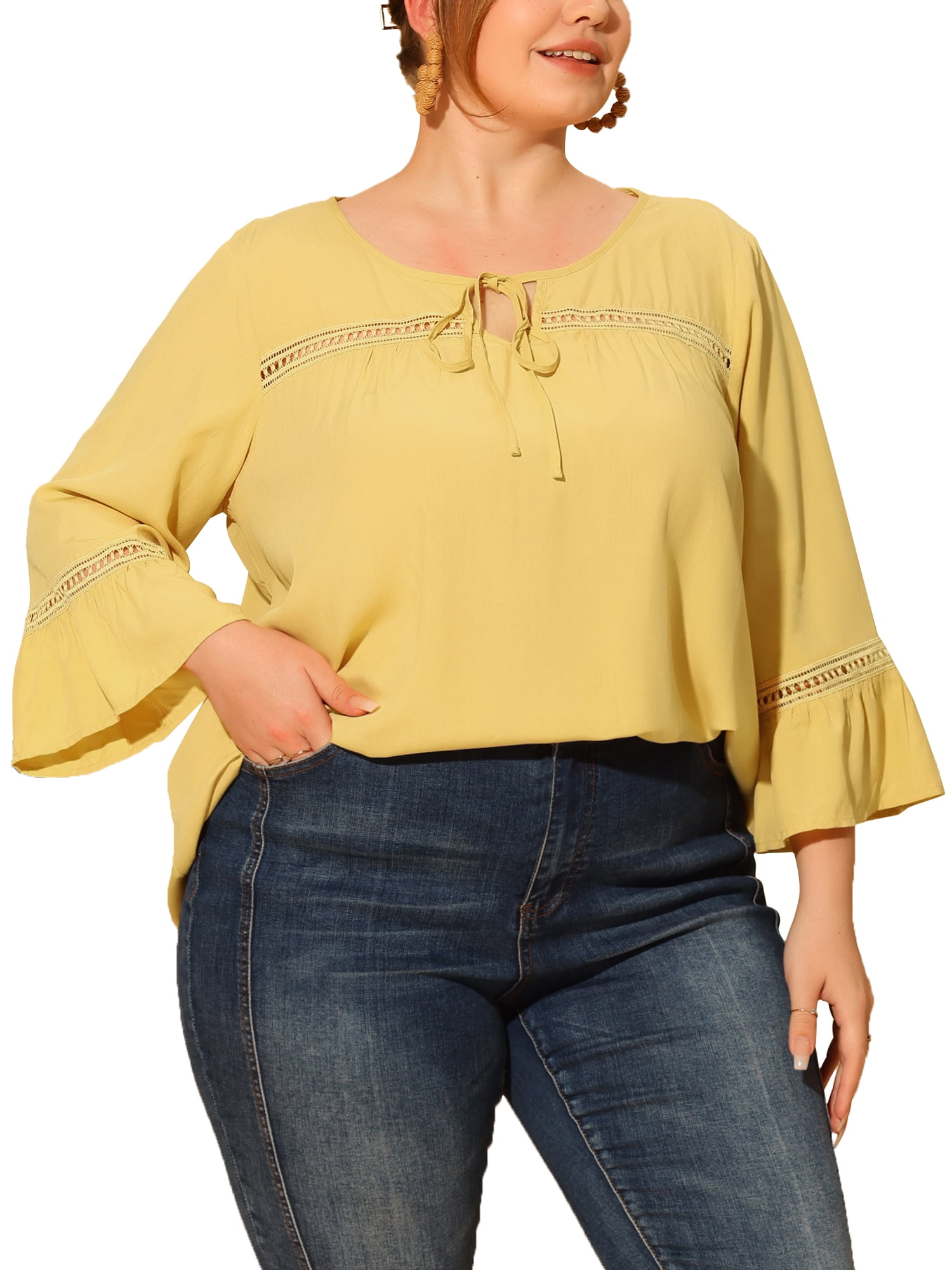 Unique Bargains Women's Plus Size Tie Neck Lace Insert 3/4 Flare Sleeve Blouses