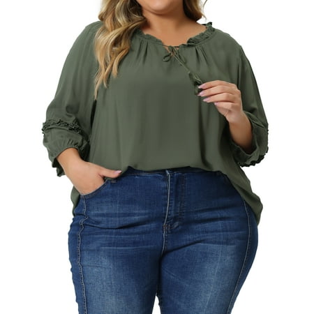 Unique Bargains Women's Plus Size Tie Neck Tassel Self Flutter Sleeve Blouses Tops 1X Army Green