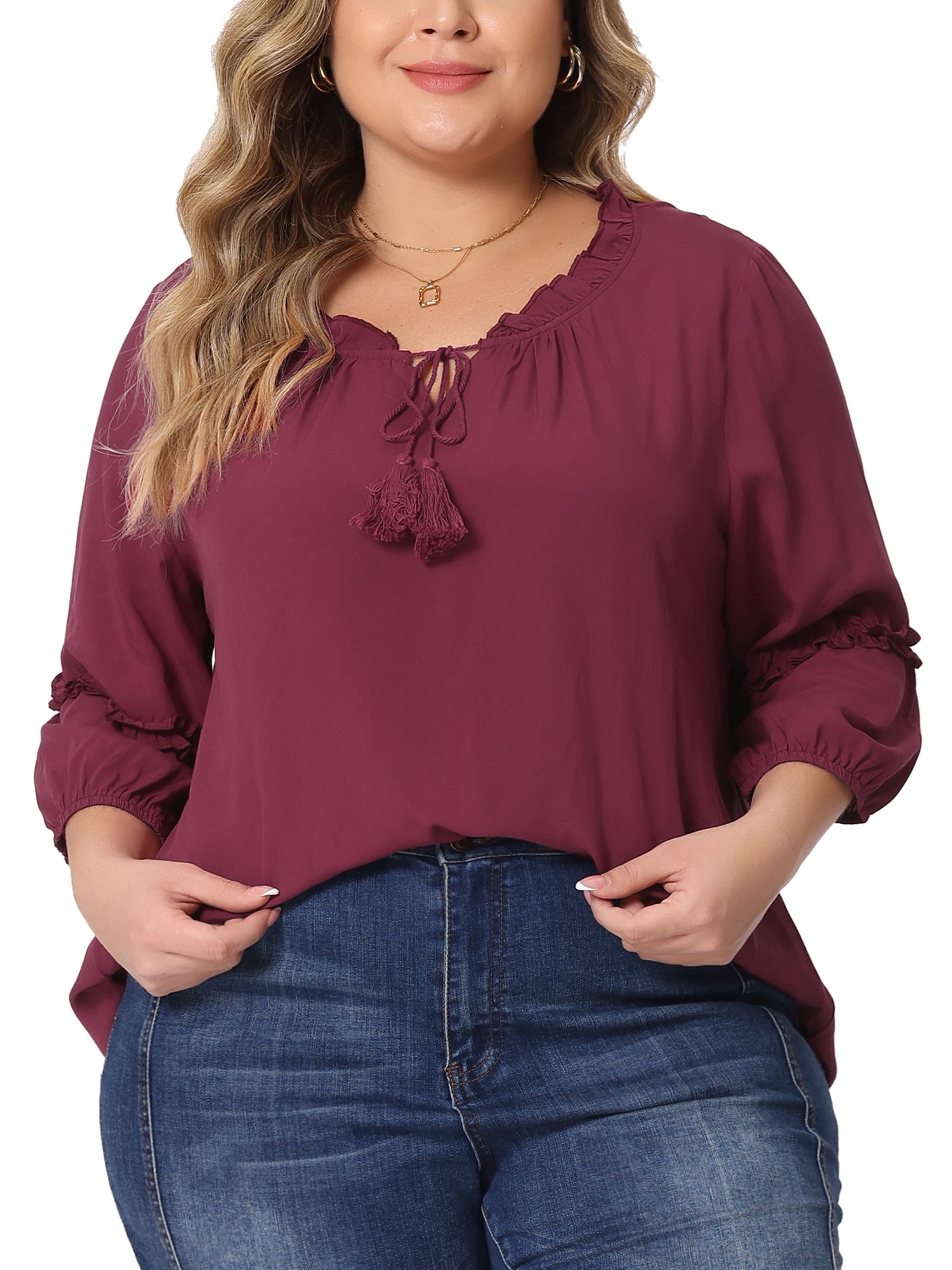 Women's Plus Tops Tie Neck Tassel Self Flutter 3/4 Sleeve Blouses Tops 1X Burgundy