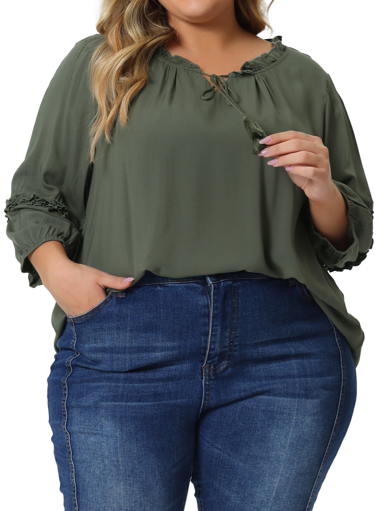 Unique Bargains Women's Plus Size 3X Army Green Rayon Blouse with