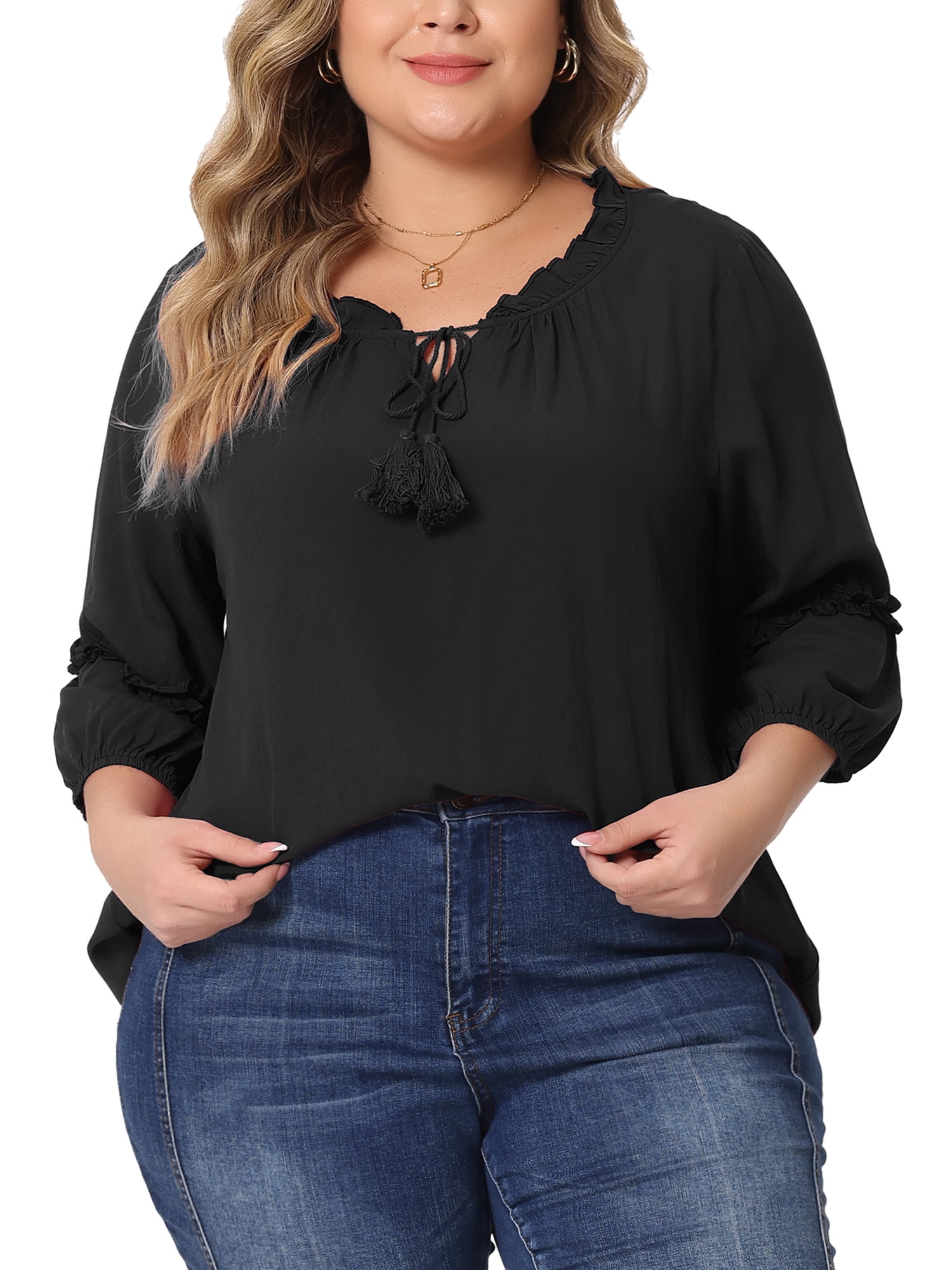 Women's Plus Tops Tie Neck Tassel Self Flutter 3/4 Sleeve Blouses Tops 4X Black