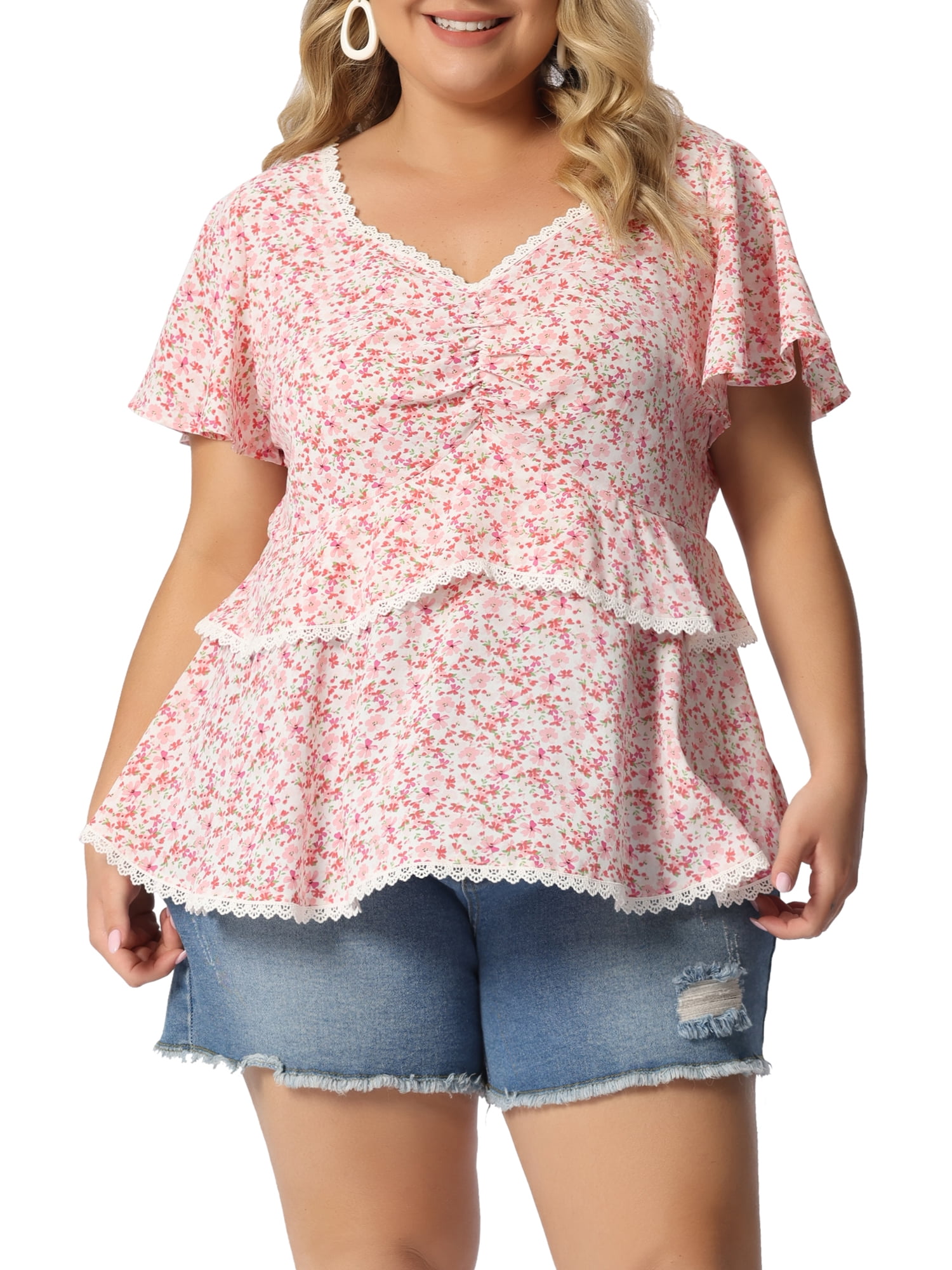 Unique Bargains Women's Plus Size Tiered Blouse Floral Babydoll Sweetheart Ruffle Top
