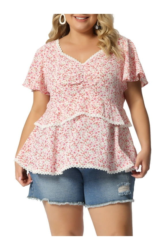 Women's Plus Size Tiered Blouse Floral Babydoll Sweetheart Ruffle Top