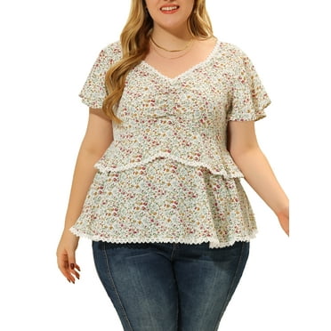 Unique Bargains Women's Plus Size Tiered Blouse Floral Babydoll Sweetheart Ruffle Top