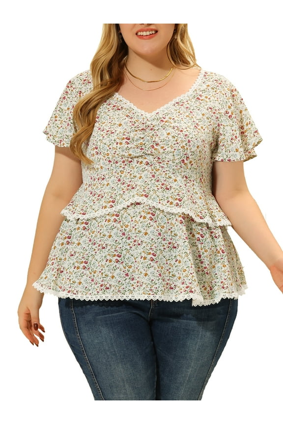 Women's Plus Size Tiered Blouse Floral Babydoll Sweetheart Ruffle Top