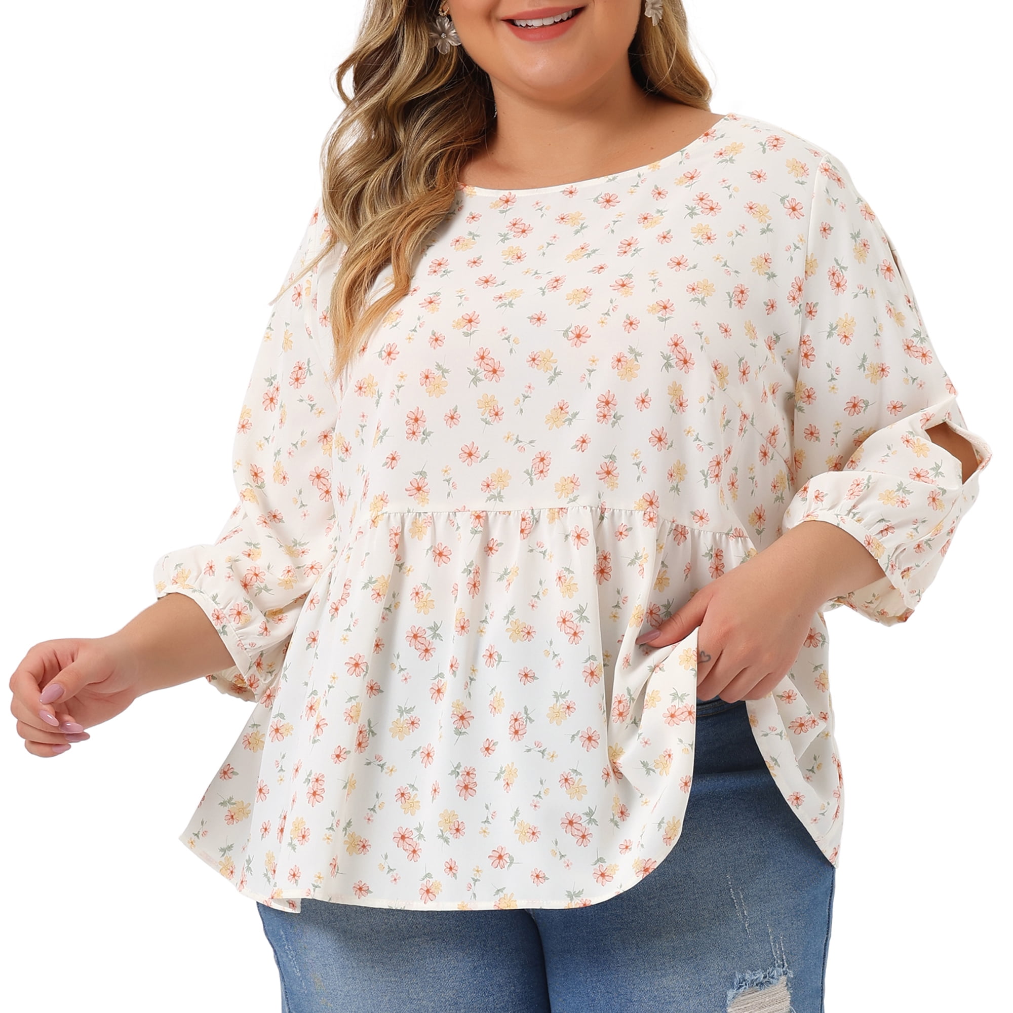 Unique Bargains Women's Plus Size Top 3/4 Sleeve Cut Out Floral Blouses 2X White Red