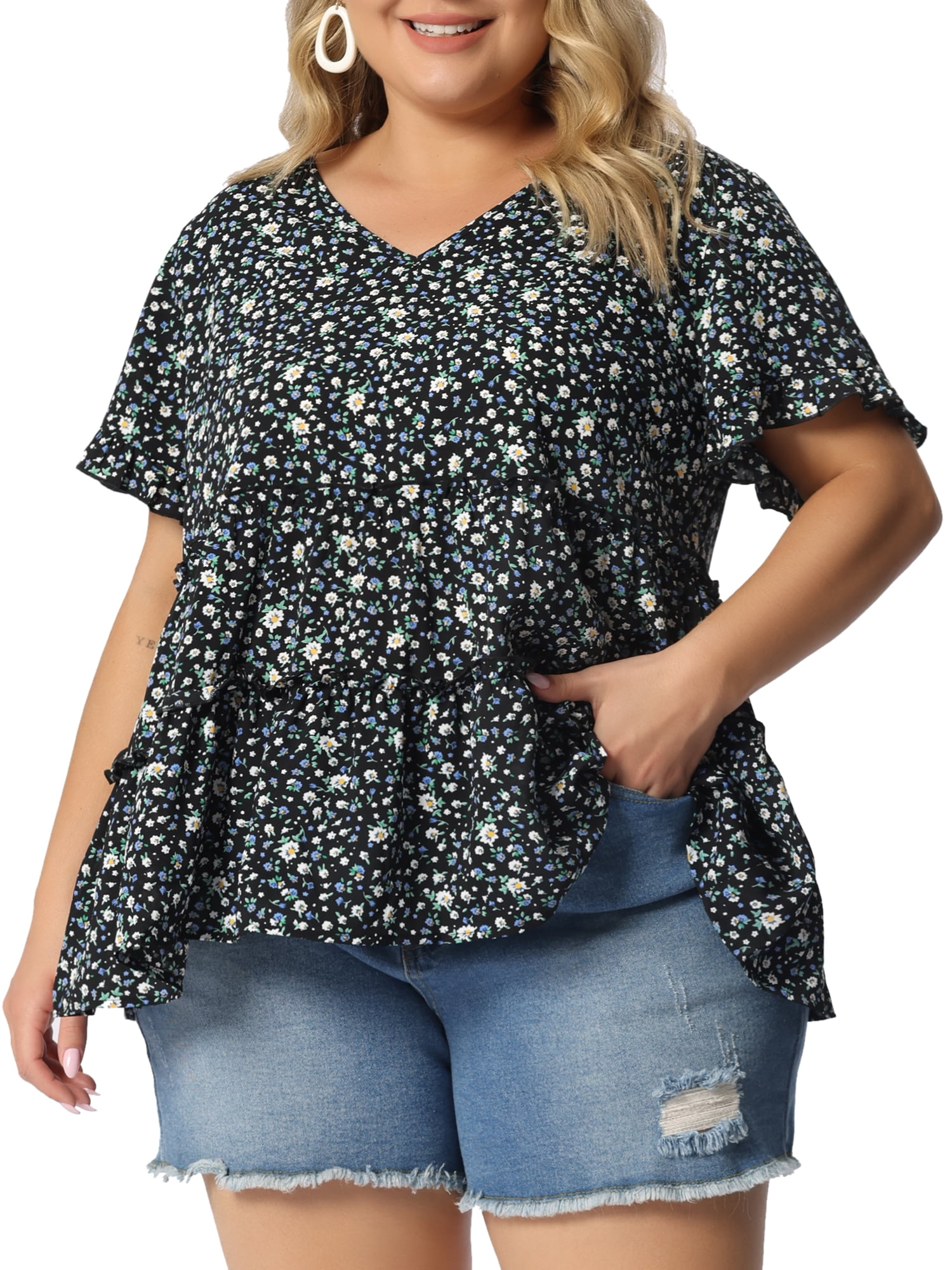 Unique Bargains Women's Plus Size Tops Floral Ruffle Sleeve Tiered ...